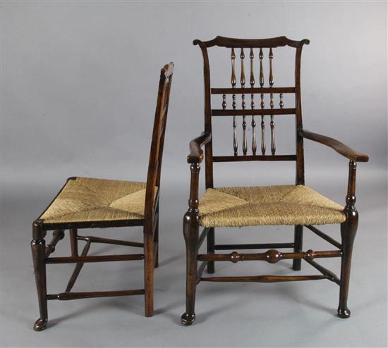 A set of ten 19th century ash, elm and beech spindle back cottage dining chairs, carvers W.2ft .5in. H.3ft 5in.